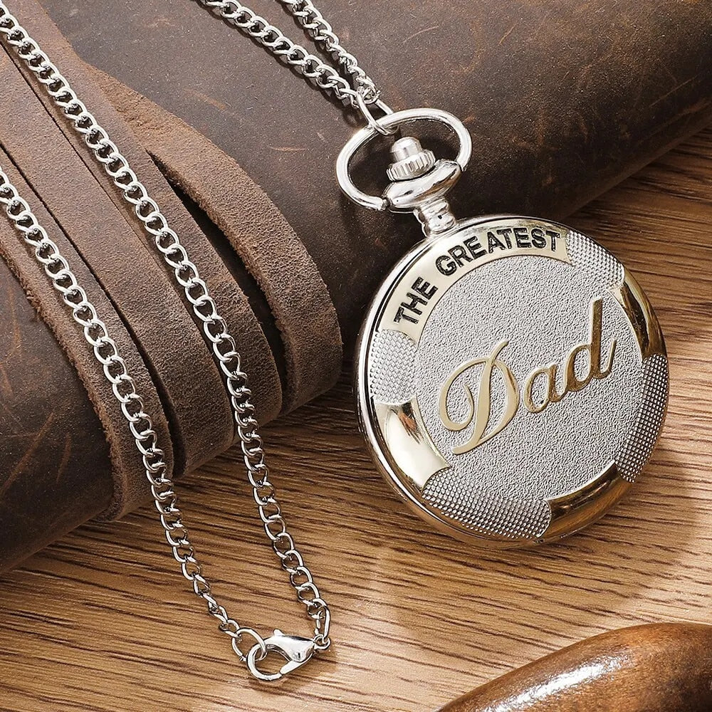 Vintage Silver Golden Luxury THE GREATEST DAD Quartz Pocket Watch Fob Chain Nec image 3