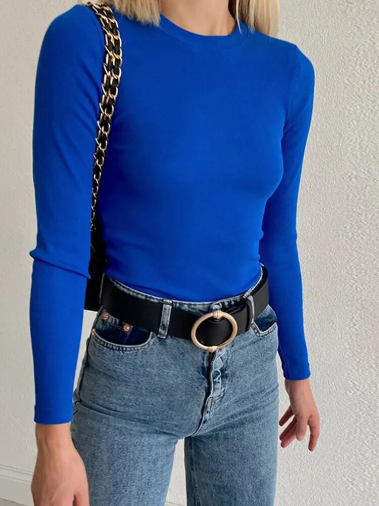 Ribbed Neck T Shirt Green Women Spring Ladies Clothes Solid Slim Mesh Cute Crop image 5