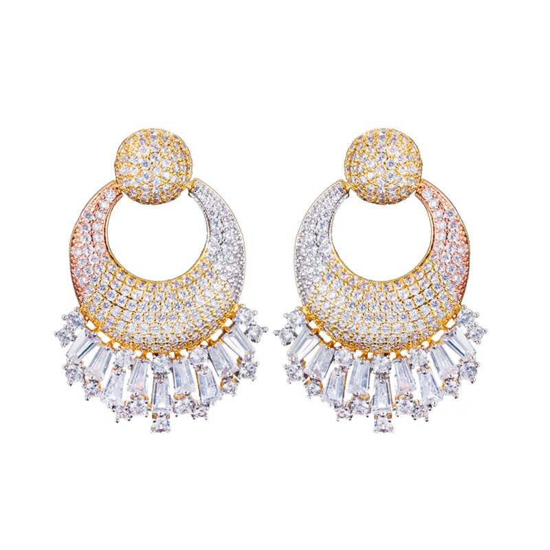 CWWZircons Nigerian Wedding 3 Tone Gold Plated Big Drop Earrings Shiny CZ Micro image 0