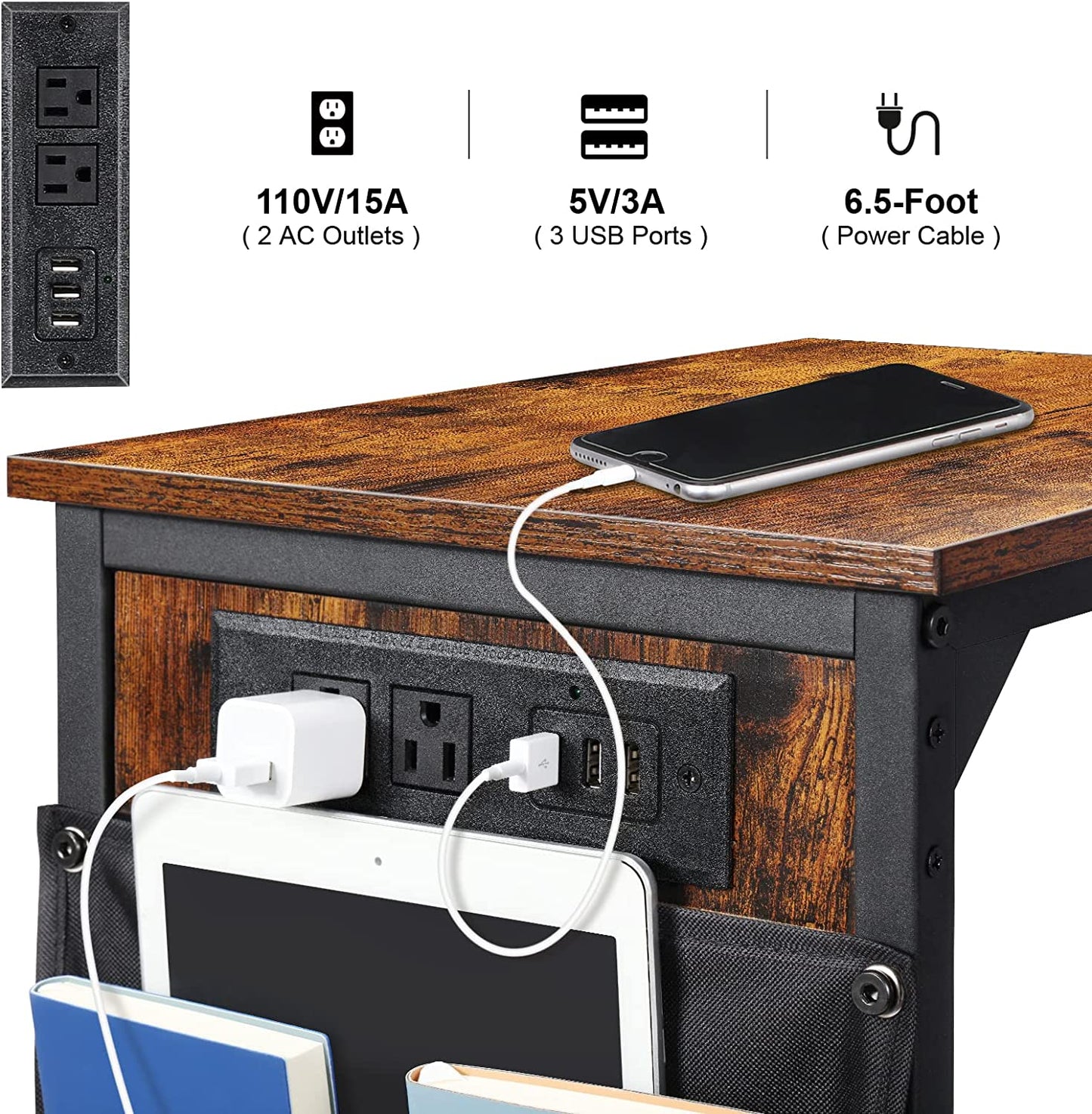 Set of 2 C-shaped Side Table with USB Ports and Outlets Couch Tables for Bedroo image 1