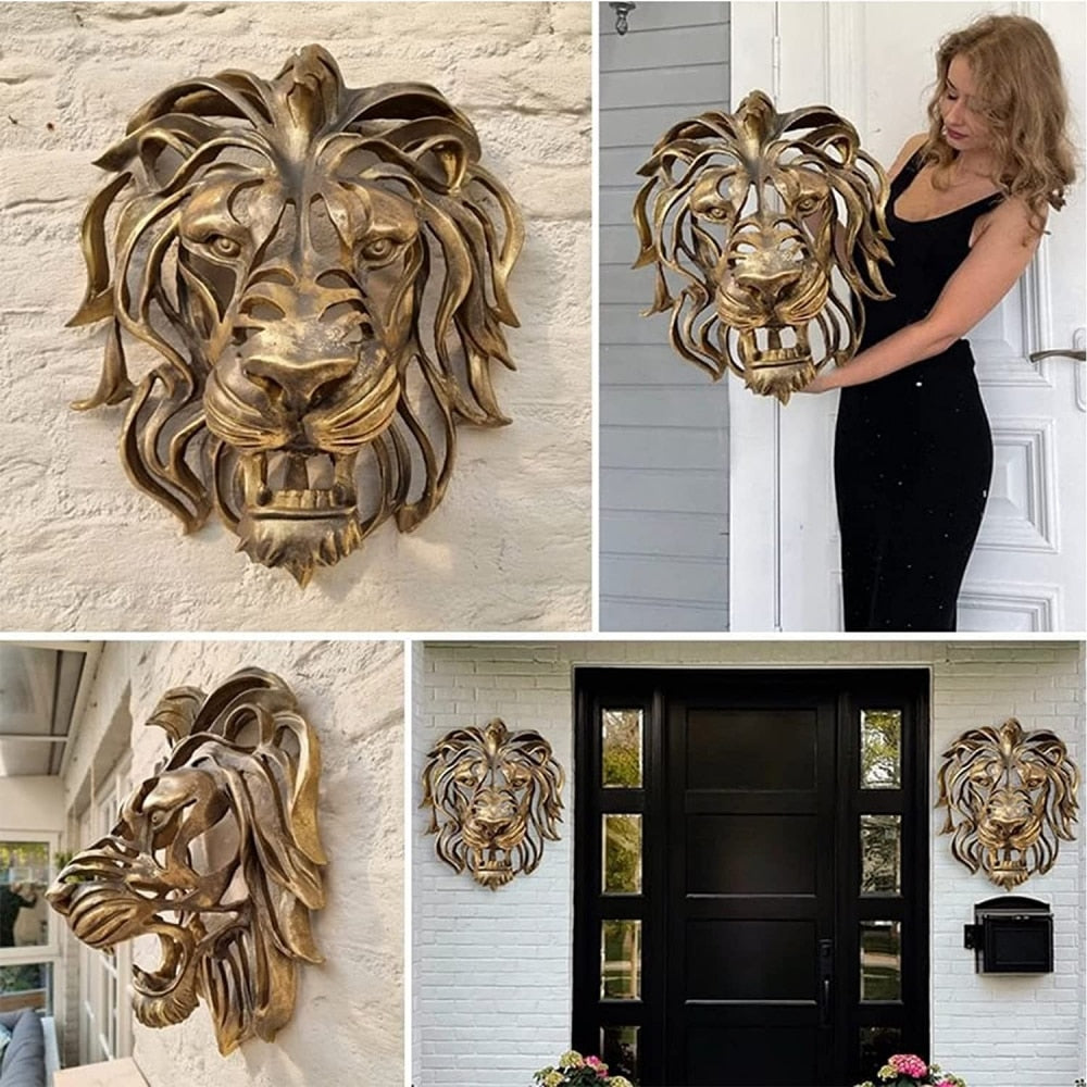 Rare Find Large Lion Head Wall Mounted Art Sculpture Gold Resin Lion Head Art W image 0