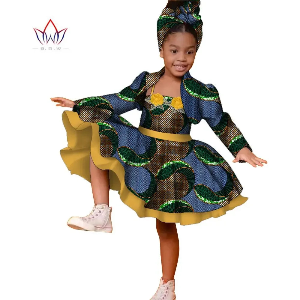 3pcs Set African Kids Gril Dashiki Dress Coat and Headtie Suits Africa Print Pa image 12