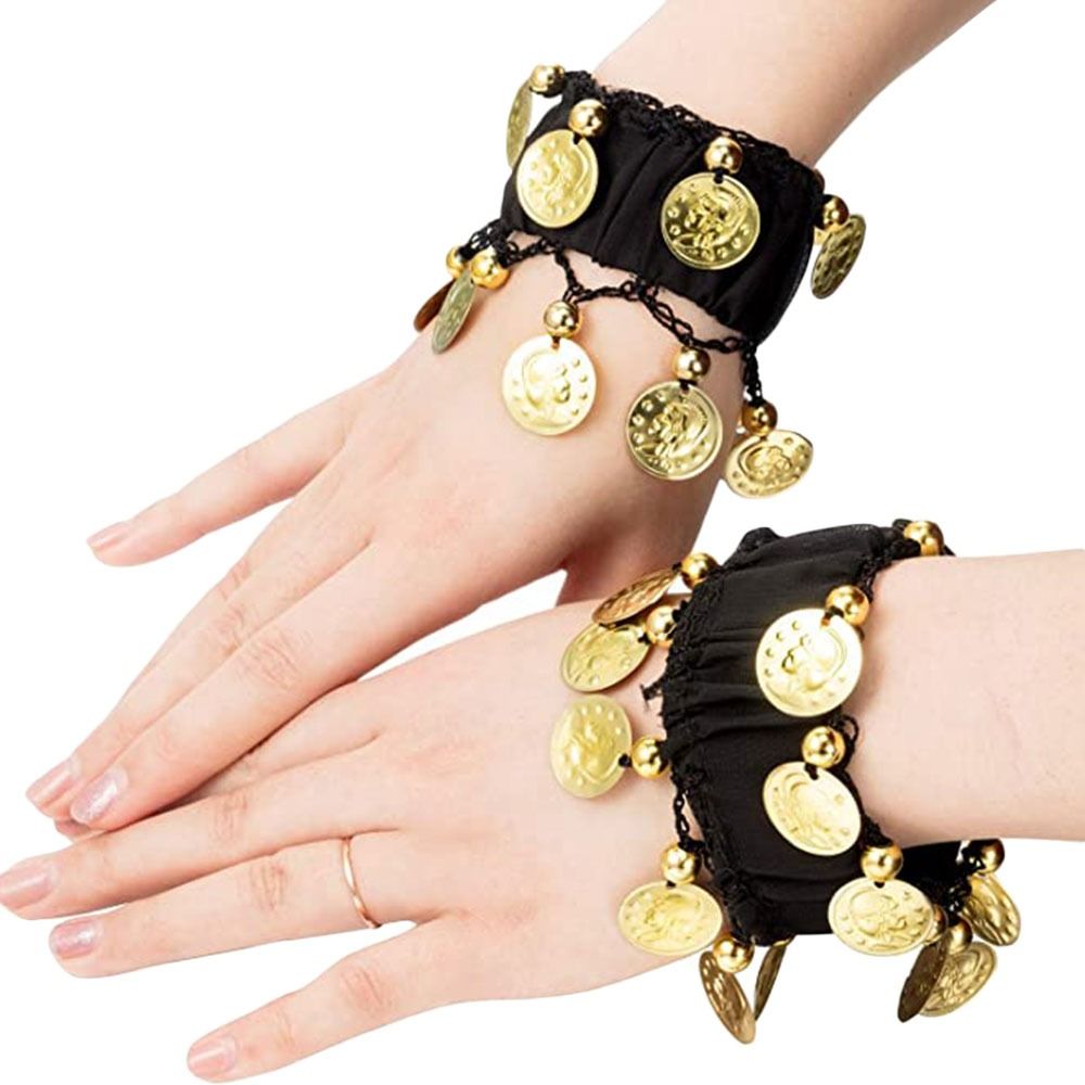 1 Pair Belly Dance Wrist Ankle Cuffs Bracelets Chiffon Gold Coin Belly Dance Co image 3