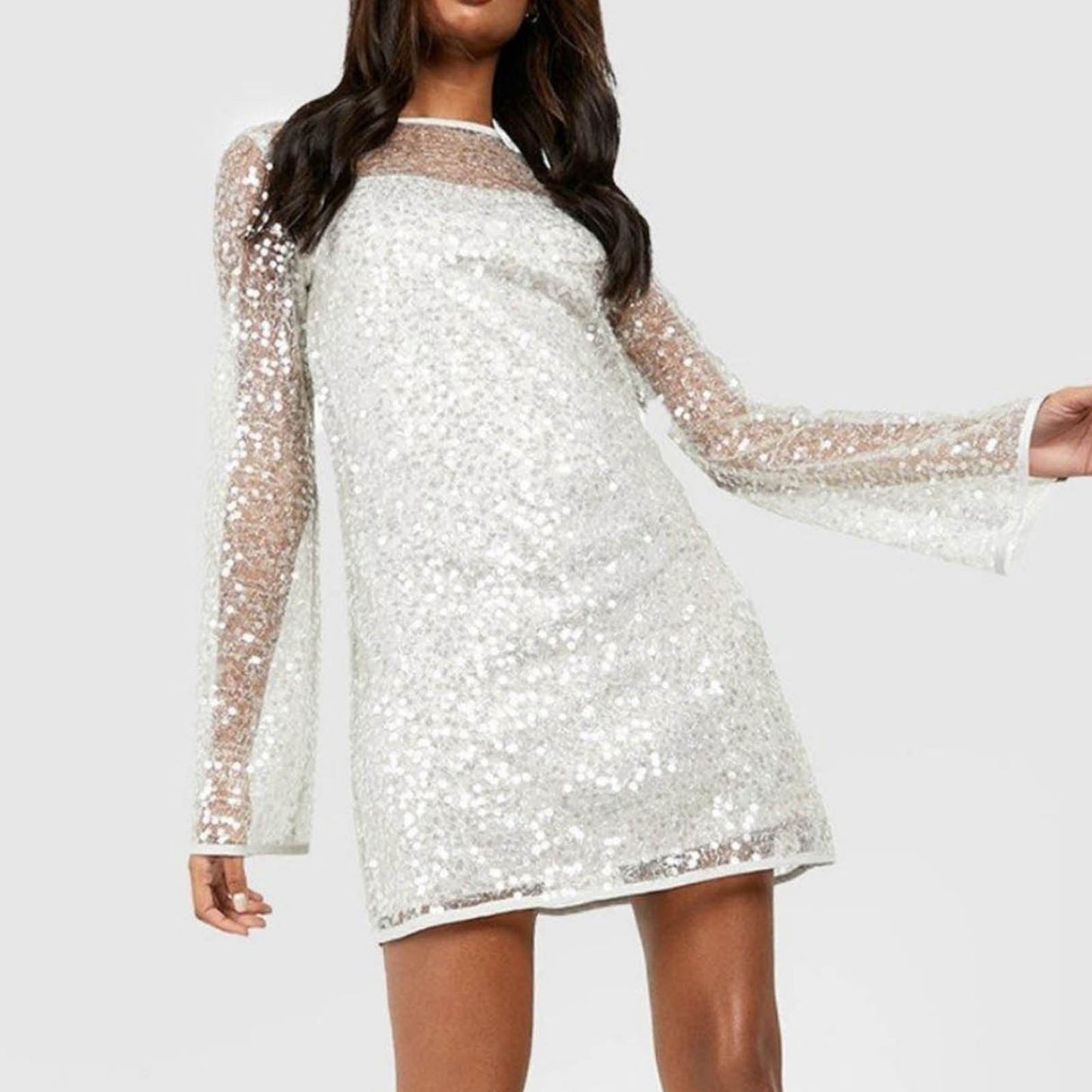 Women's Elegant White Sequins Mini Dress Fashion Crisscross Lace-up Backless Lo image 1
