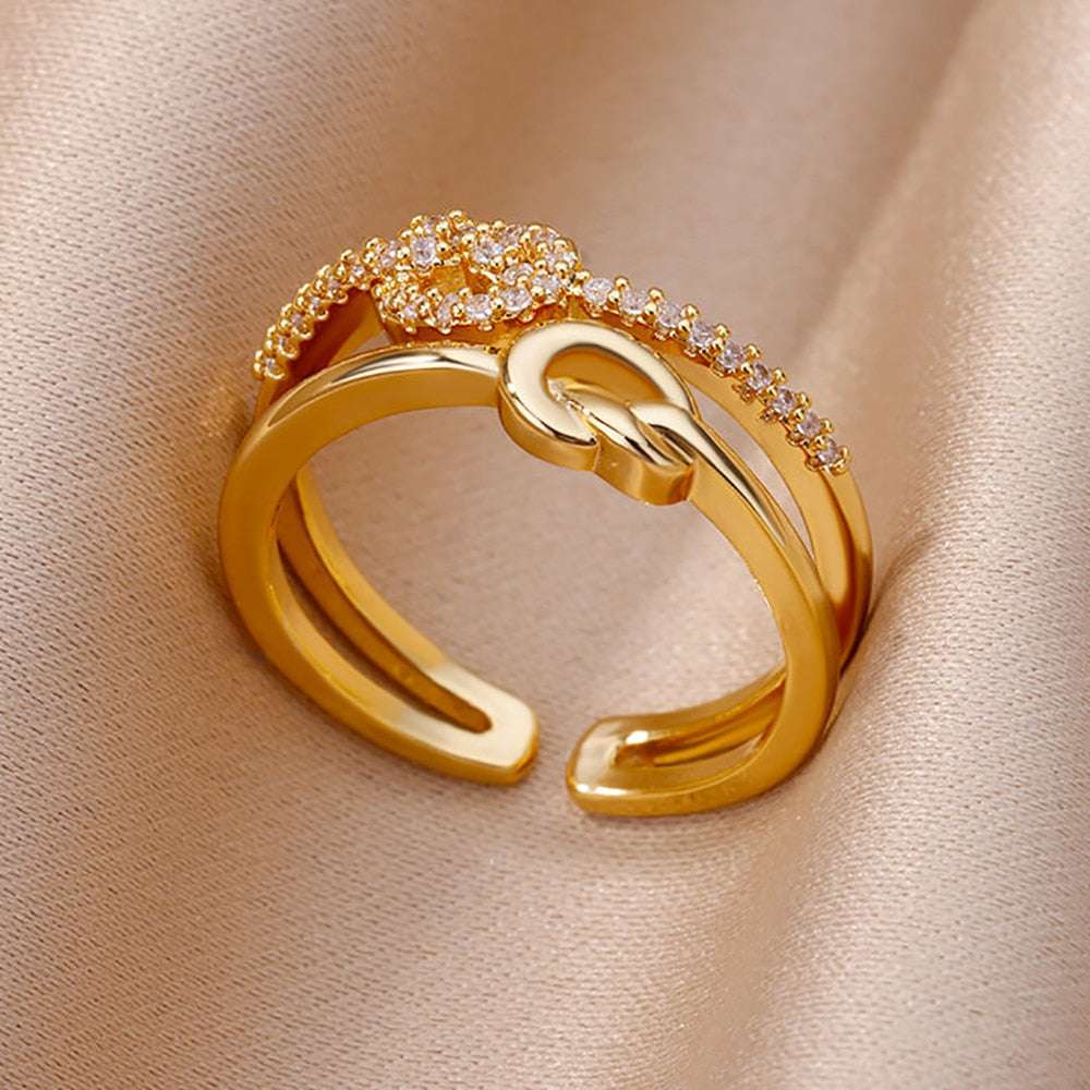 Fashion Gold Color Stainless Steel Rings For Women Chain Hollow Out Crystal Zir image 7