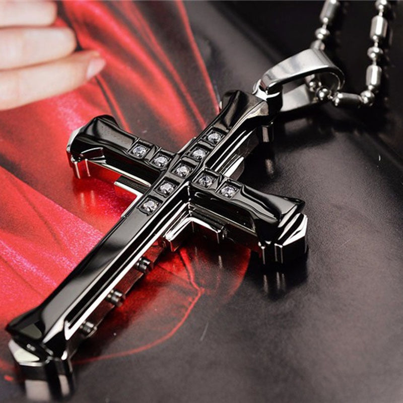 2022 New Male Crystal Cross Jesus Pendant Gold/Black/Blue Color Zirconia image 0