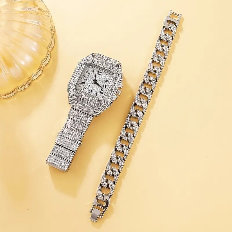 2Pcs Set Diamond Women Watches Gold Watch Ladies Wrist Watches Luxury Brand Rhi image 2