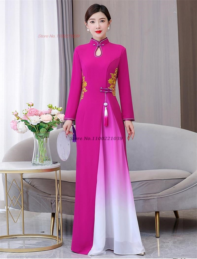 2024 vietnam traditional dress aodai chinese improved qipao national flower emb image 2