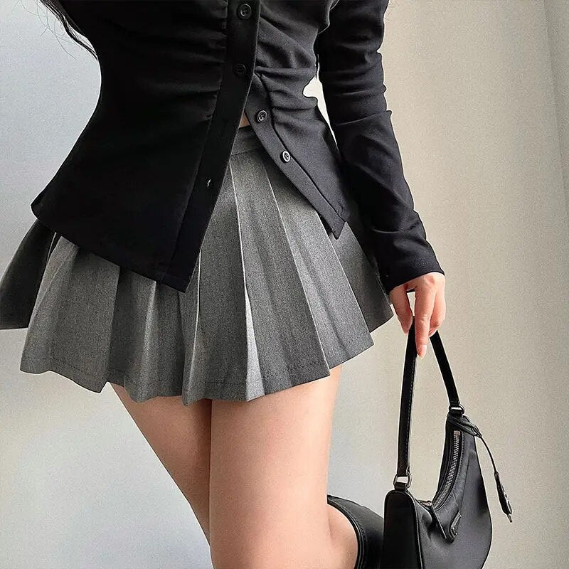 HOUZHOU Pleated Skirt with Shorts Women Cute High Waist Grey A-line Korean Styl image 1