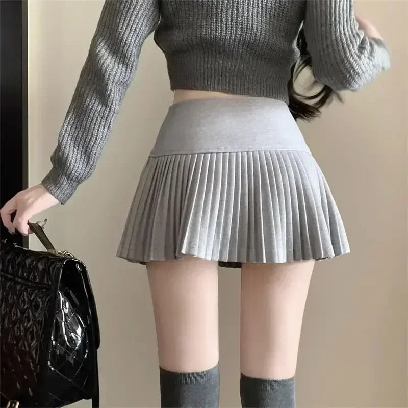 HOUZHOU Woolen Pleated Skirt Women Korean Cute Cute High Waist A-line Patchwork image 5