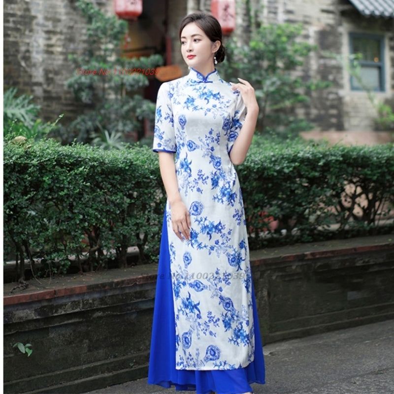 2024 vietnam aodai dress improved cheongsam qipao dress national flower print q image 2