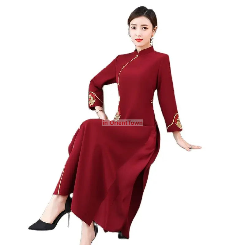 Asian Gown Women Dress Spring Autumn Full Sleeve Ladies Improved Cheongsam AO D image 6