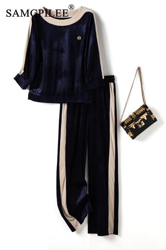 Women's Tracksuit Casual Gold Velvet Sports Two Piece Set For Woman Contrasting image 6