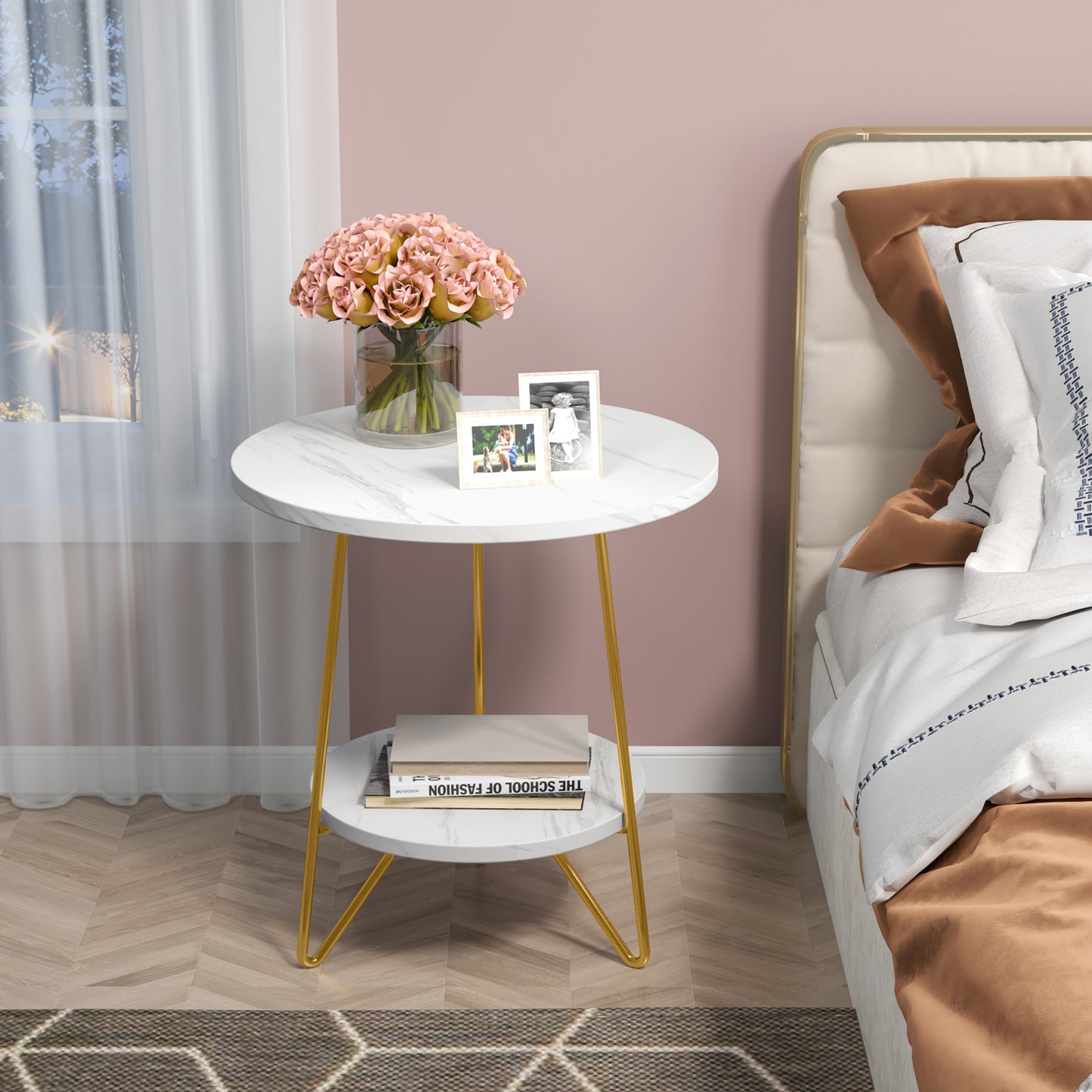 Tribesigns Faux Marble End Table, 2 Tier Round Side Table with Shelves, Modern image 3