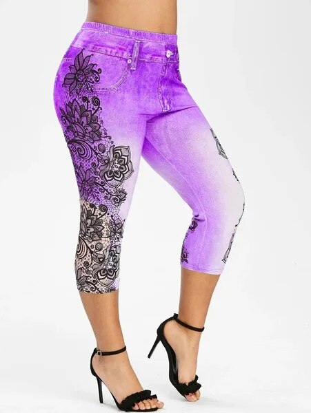 Women's Printed Denim Sportswear Leggings Oversized Hip Lifting Yoga Pants Plus image 3