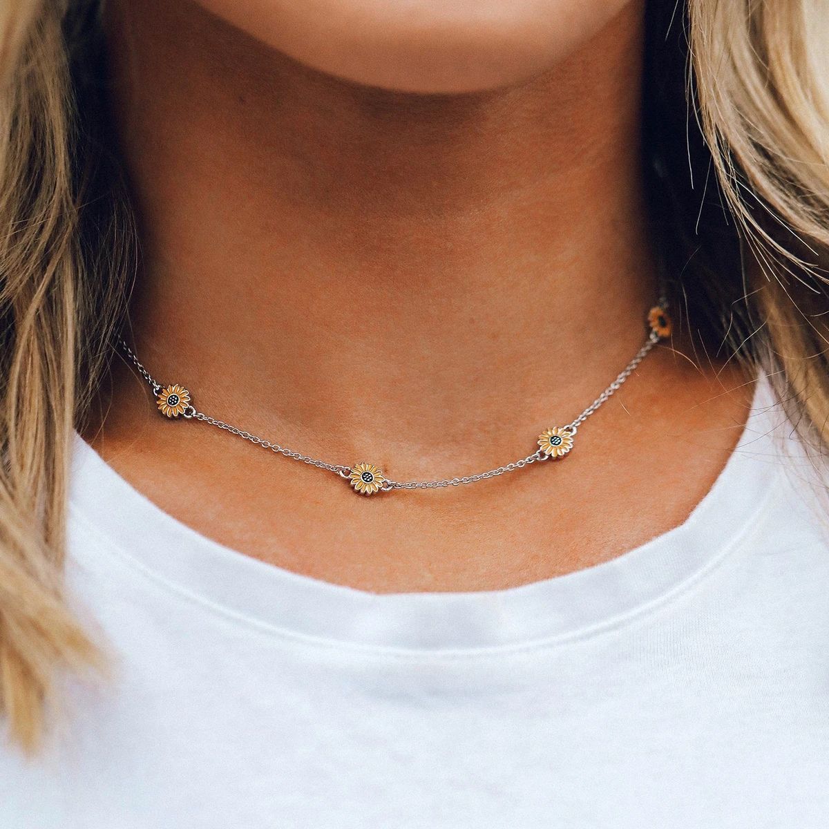 Bohemian Sunflower Necklace for Women Cute Gold Plated Enamel Daisy Choker Neck image 2