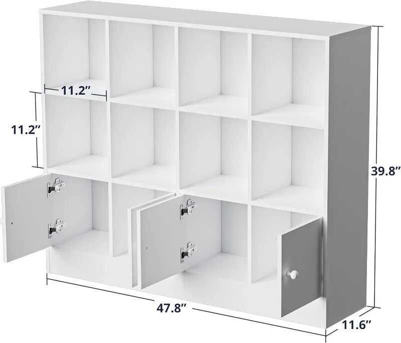 White Bookshelf with 12 Cubes and 4 Doors, 2-Tier Open Shelf Bookcase with Anti image 2