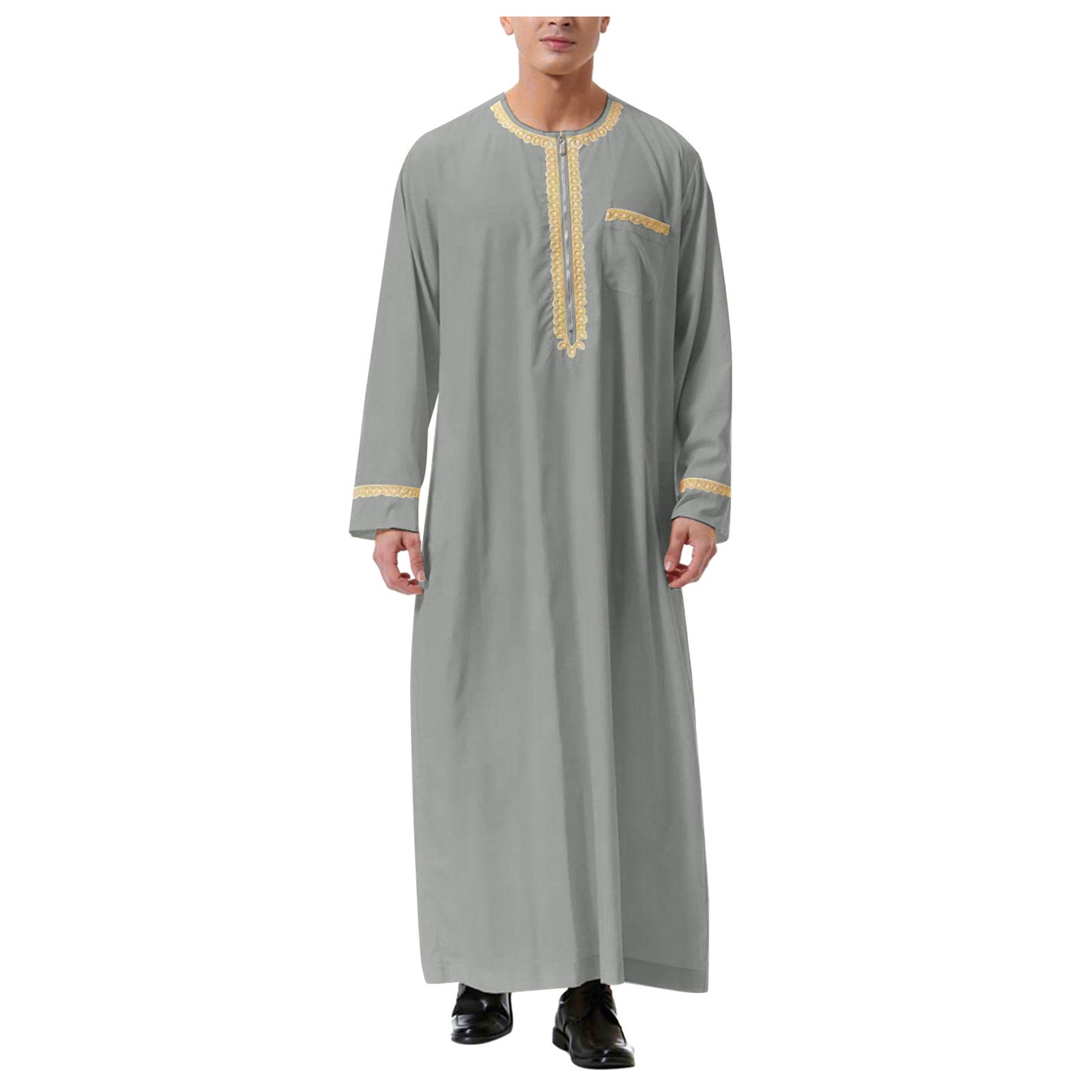 Muslim Islamic Clothing Men Jubba Thobe Print Zipper Kimono Long Robe Saudi Mus image 2