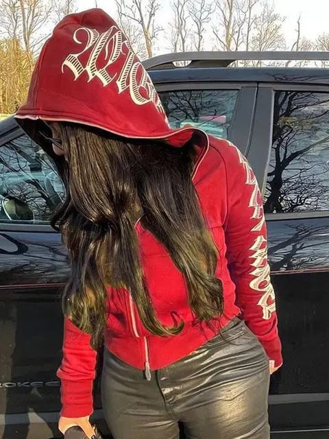 New 2023 Winter Letter Printed Zip Up Hoodie Streetwear Women Cyber Y2k Jackets image 0