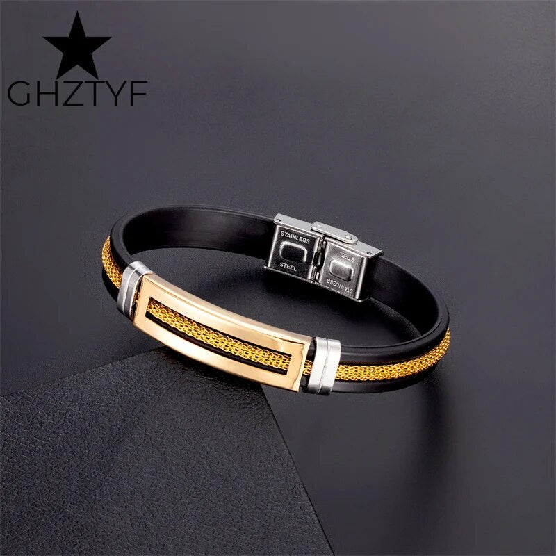 Golden Chain Stainless Steel Bracelets for Men Women Teens Black Rubber Belt Wr image 5