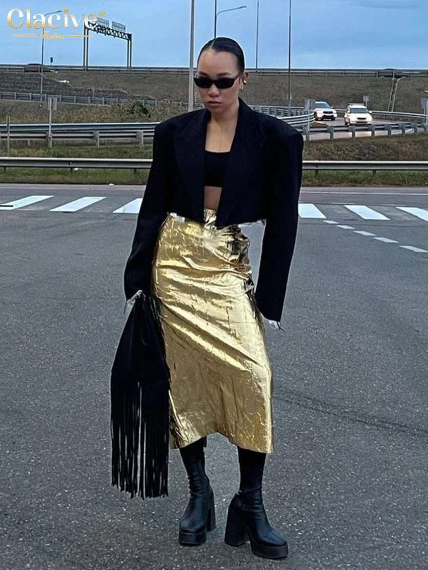 Clacive Fashion Slim Gold Women'S Skirt Elegant Chic High Waist Midi Skirts Str image 3