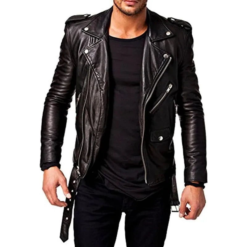 Men Leather Jacket -imitation Lambskin Winter Vintage Motorcycle Biker Jacket, image 0