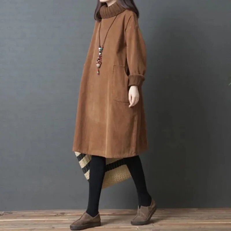 Women Autumn Winter Dress New Retro Corduroy Vestidos Add Velvet High Neck Dre image 0