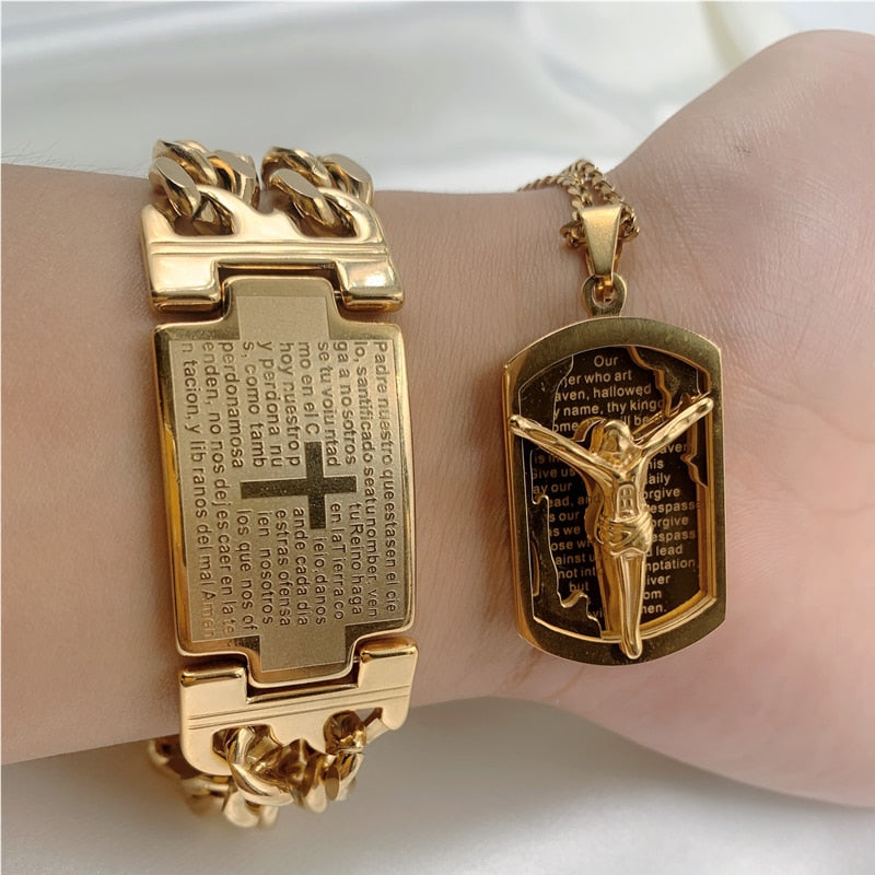 Stainless Steel Jewelry Set Gold Color Cross Cuban Chain Bracelet for Men Jesus image 2