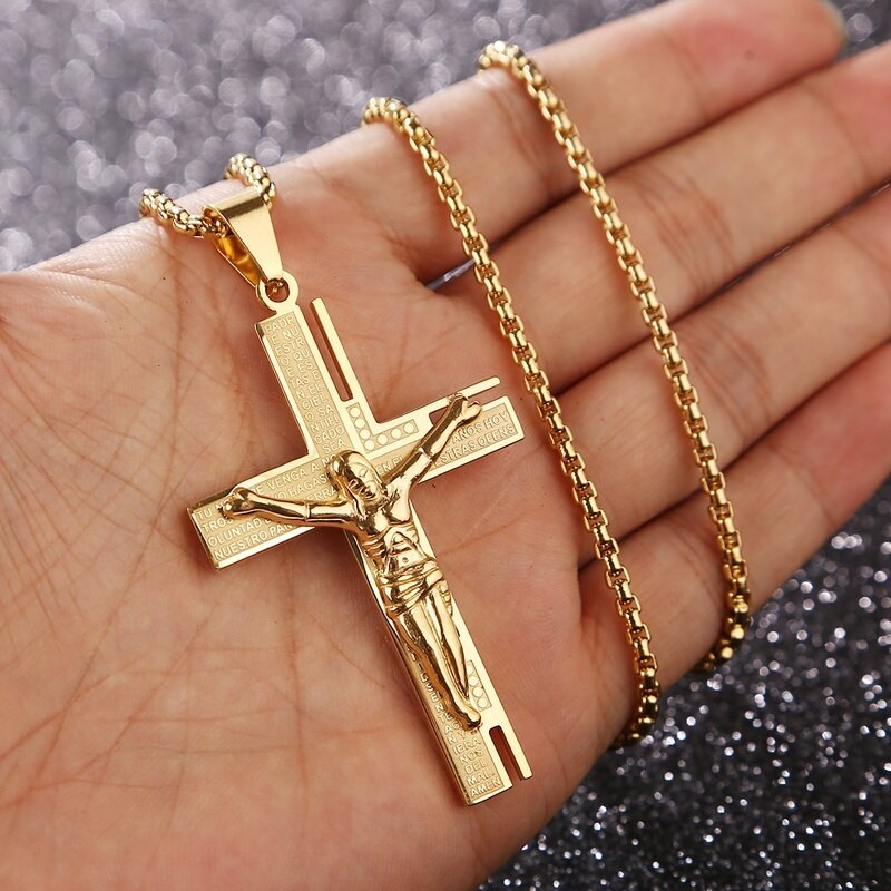 Christian Jesus Crucifix Men Necklace Gold Plated Cross Religious Pendant Neckl image 1