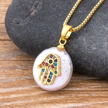 Hot Sale Women Men Hamsa Hand Necklace Gold Color Copper Zircon Evil Eye image 1