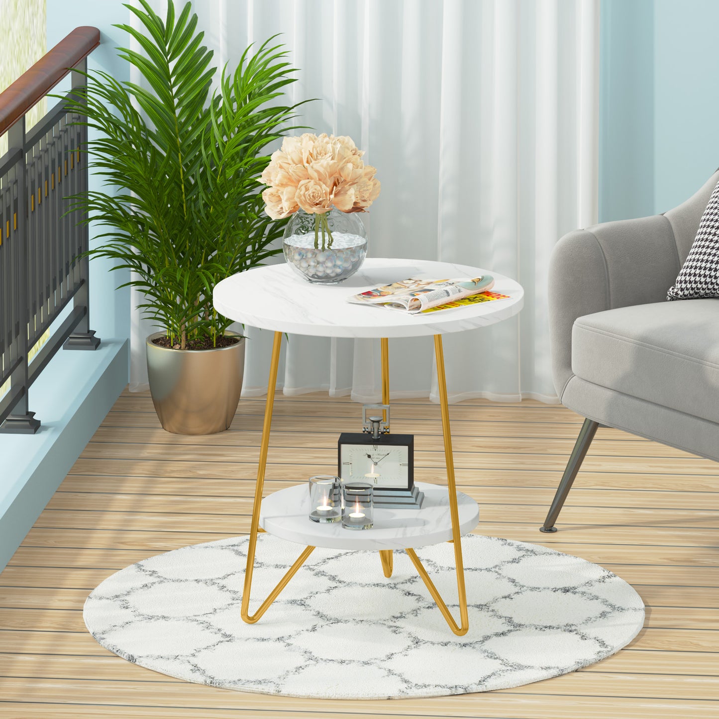 Tribesigns Faux Marble End Table, 2 Tier Round Side Table with Shelves, Modern image 0