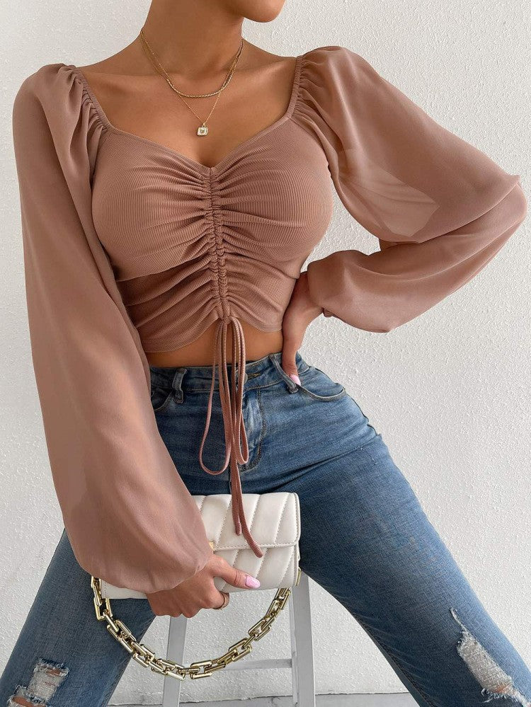 ALLUKASA Sexy Mesh Lantern Sleeves Drawstring Wrap Chest Bare Midriff T Shirt W image 4