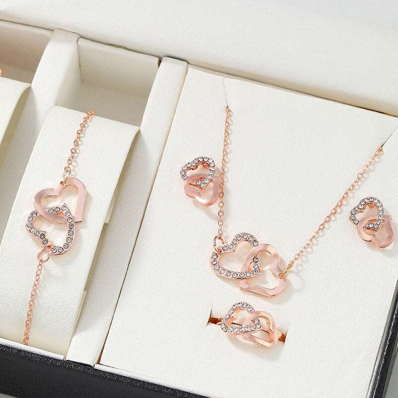 5PCS Set Gold-Color Heart Shaped Jewelry Sets Of Ring Earrings Necklace For Wom image 5
