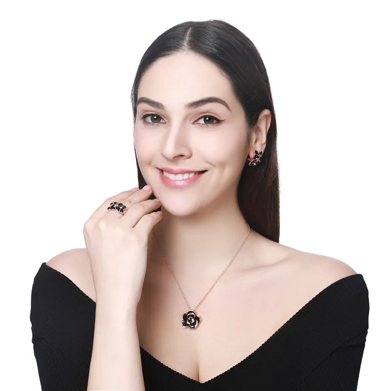Fashion Rose Flower Enamel Jewelry Set Rose Gold Color Black Bridal Jewelry Set image 9