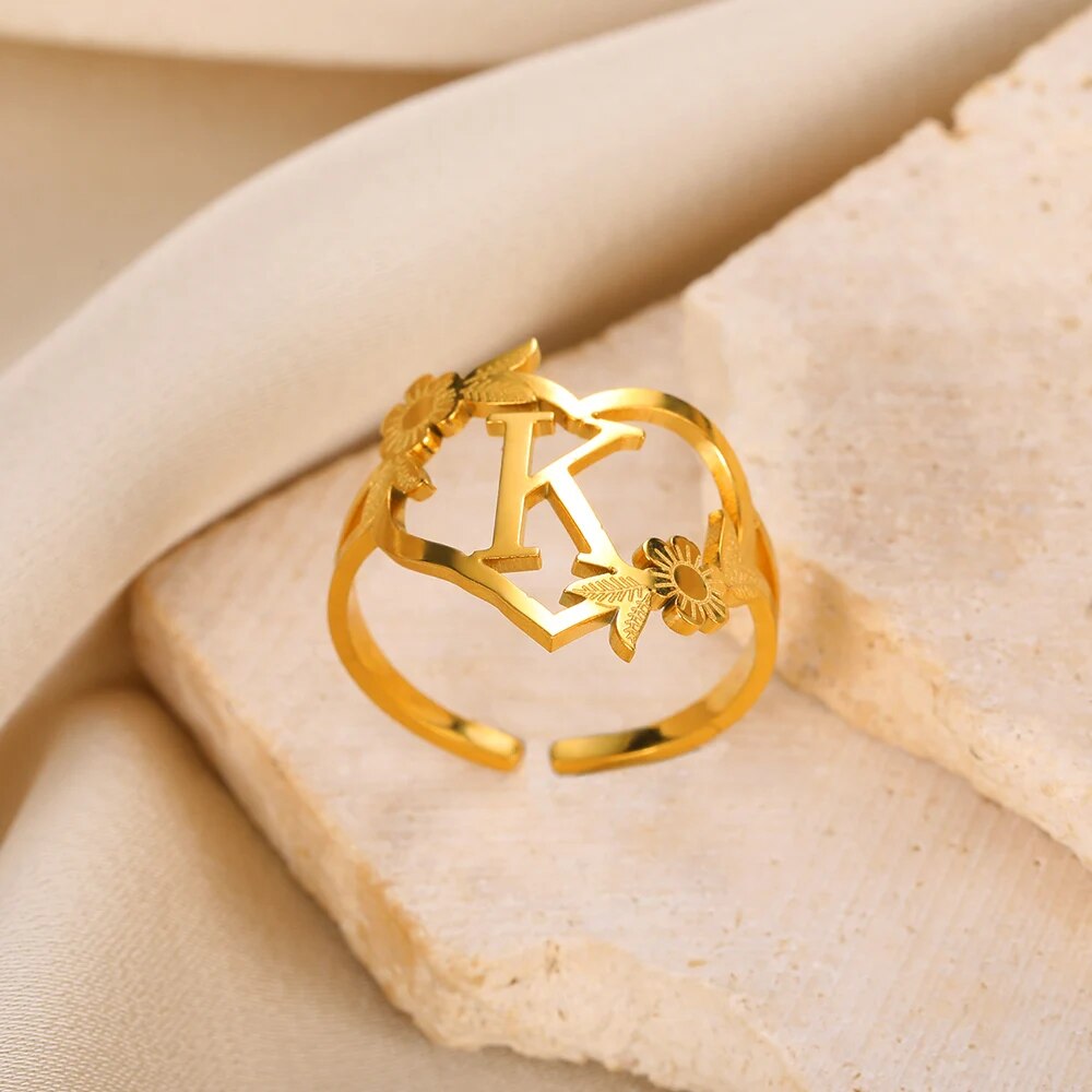 Stainless Steel Initials Flower Heart Rings Gold Color Adjustable Delicate Lett image 2