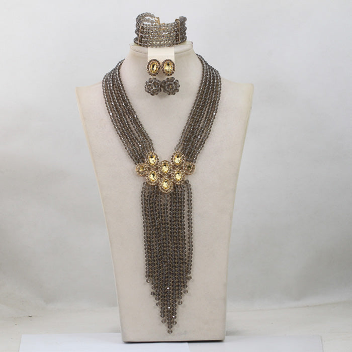 Trendy Blue Crystal Jewelry Sets Long Design Women Beads Necklace African Weddi image 0