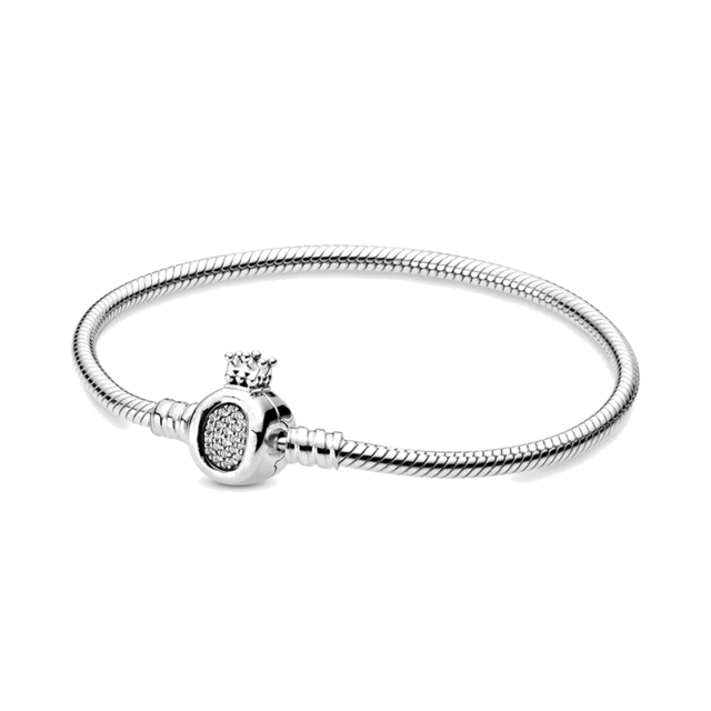 Fashionable 925 Silver Plating Moments Gold Round Clasp Snake Chain Bracelet Fi image 5