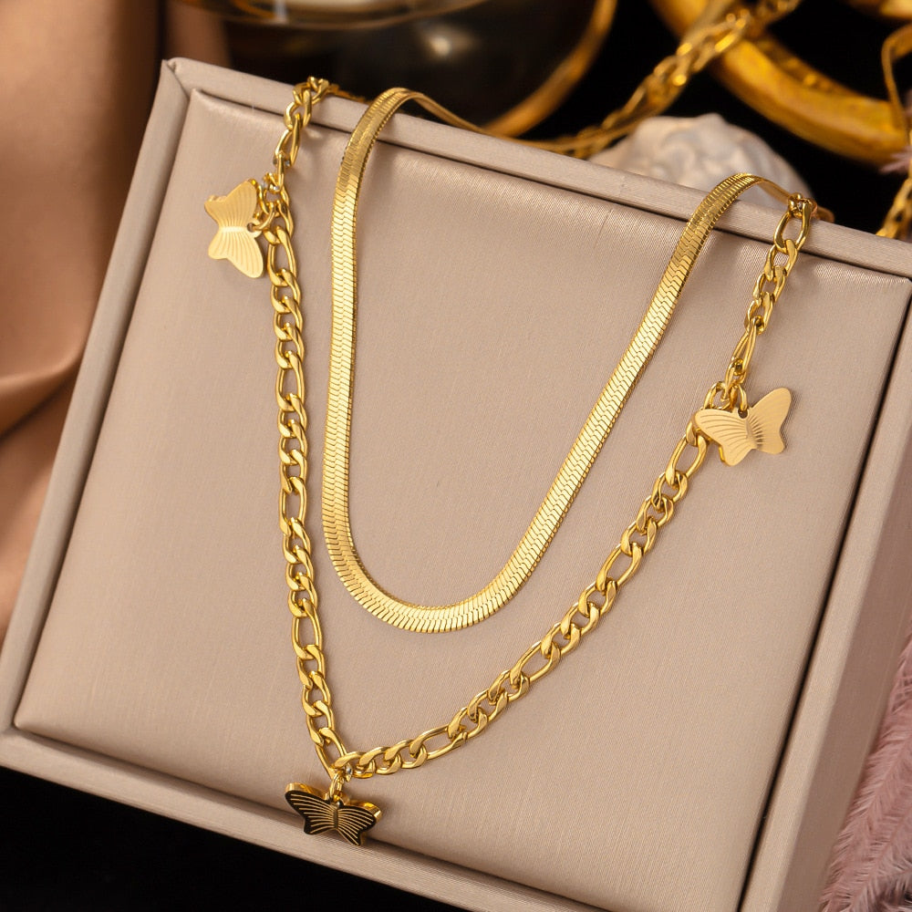 Trendy 316L Stainless Steel Gold Color Butterfly Pearl Pendant Necklace For image 3
