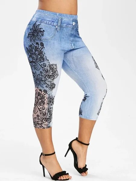 Women's Printed Denim Sportswear Leggings Oversized Hip Lifting Yoga Pants Plus image 4