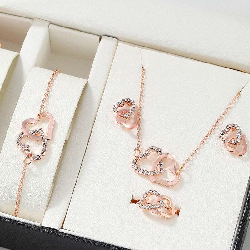 5PCS Set Gold-Color Heart Shaped Jewelry Sets Of Ring Earrings Necklace For Wom image 2