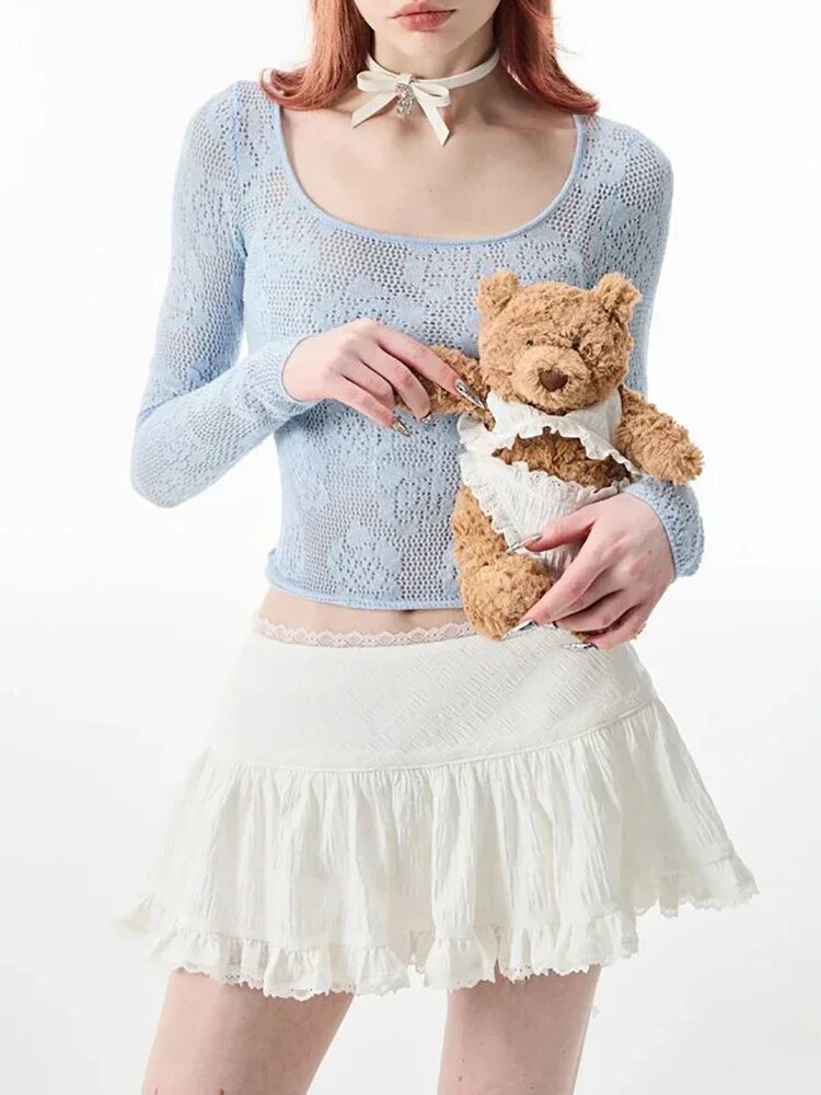HOUZHOU Coquette Mini Skirt Women 2023 Kawaii Lace Mesh Patchwork Cute White Hi image 5