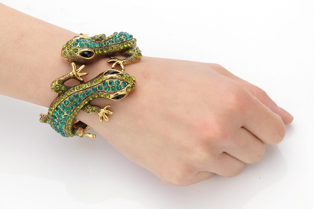 YACQ Gecko Bangle Bracelet Antique Gold Silver Color Animal Bling Crystal image 4