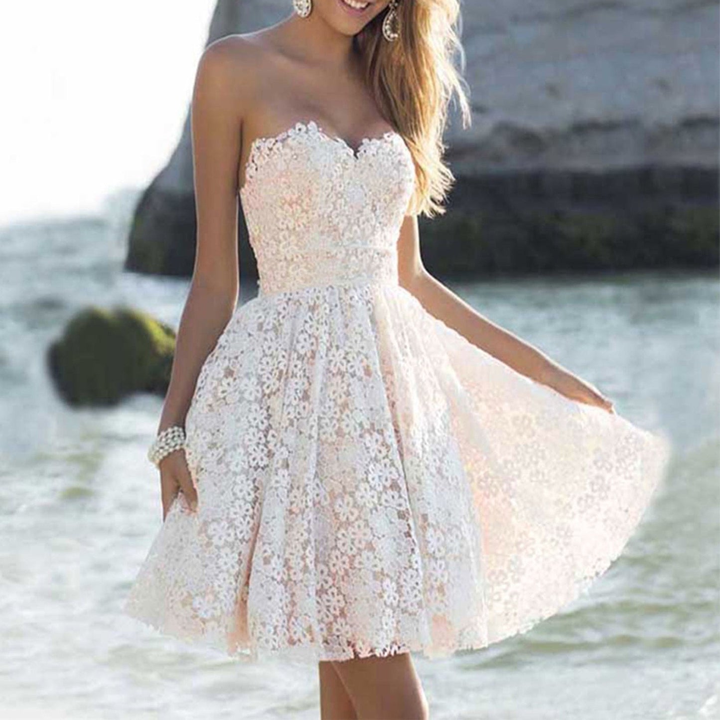 Off Shoulder White Floral Lace Dress Delicate Design Elastic Waist A-Line Dres image 1