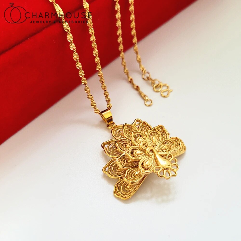 Charm Necklaces For Women 24K Yellow Gold Color Peacock Pendant Necklace Chain image 1