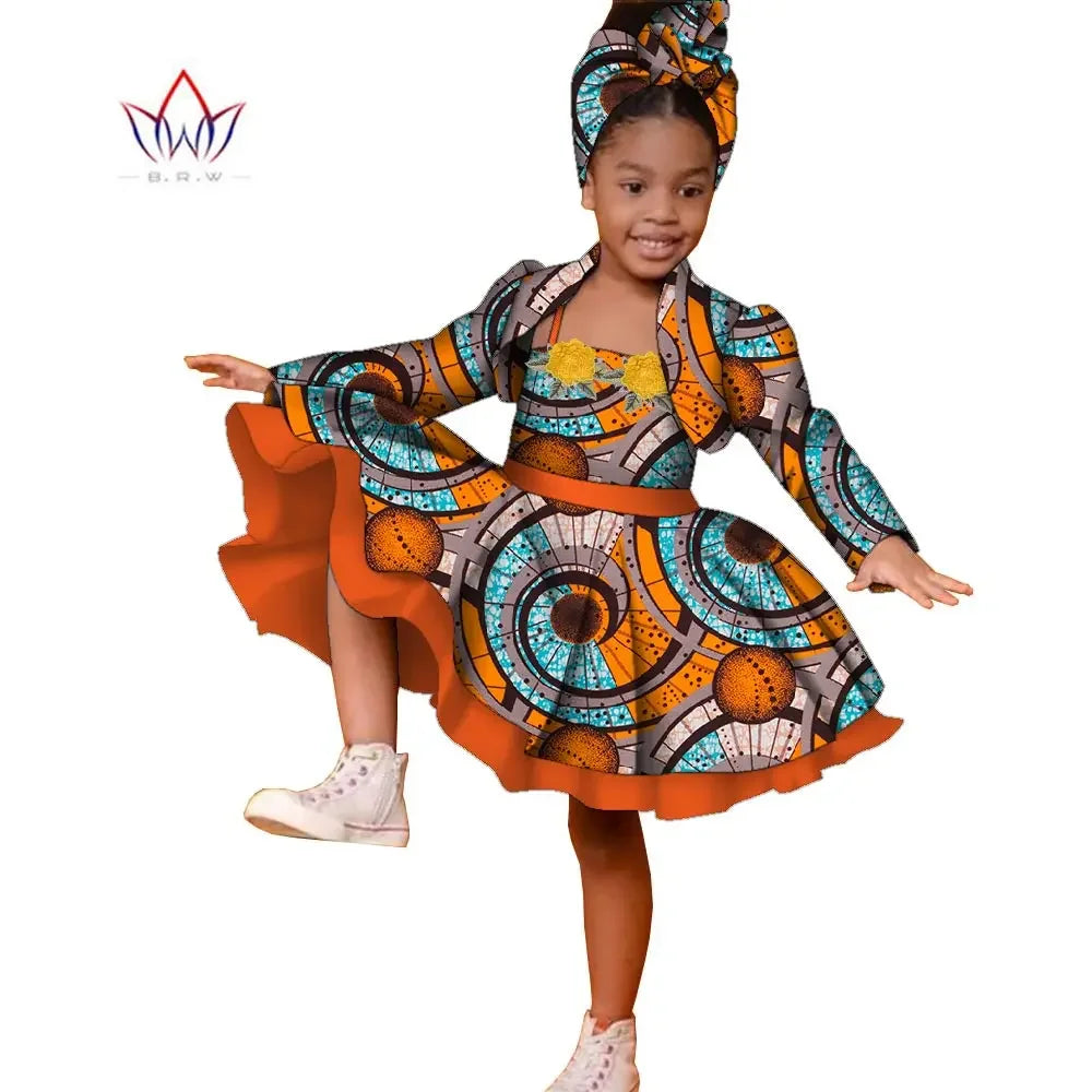 3pcs Set African Kids Gril Dashiki Dress Coat and Headtie Suits Africa Print Pa image 2
