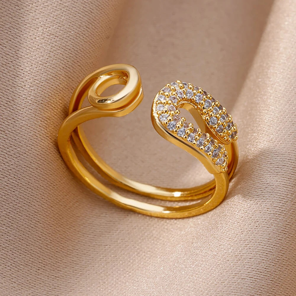 Fashion Gold Color Stainless Steel Rings For Women Chain Hollow Out Crystal Zir image 9