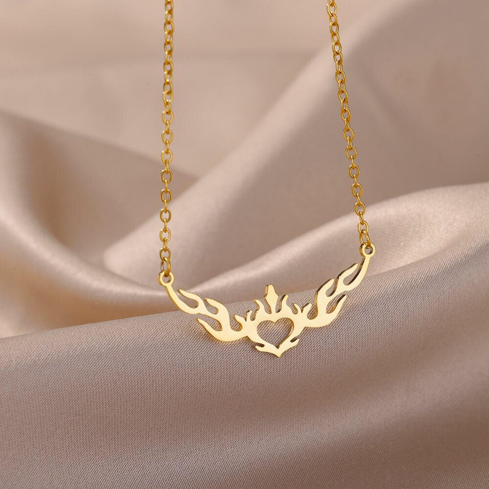 Hollow Heart Flame Wings Necklaces For Women Stainless Steel Gold Plated image 3