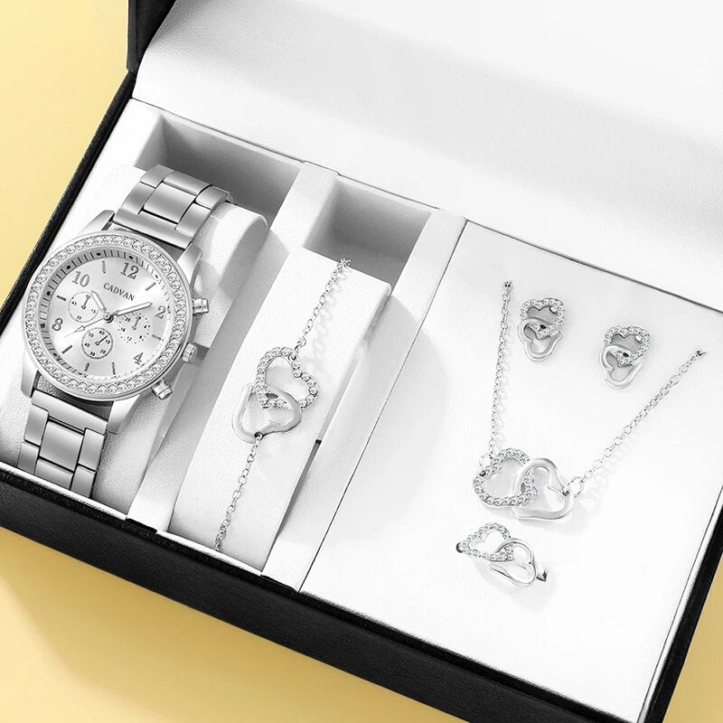 6PCS Set Rose Gold Luxury Watch Women Ring Necklace Earring Rhinestone Fashion image 1