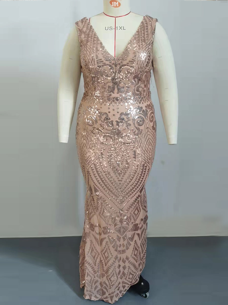 Missord Gold Sequin Plus Size Wedding Party Dress Elegant Women V Neck Sleevele image 2
