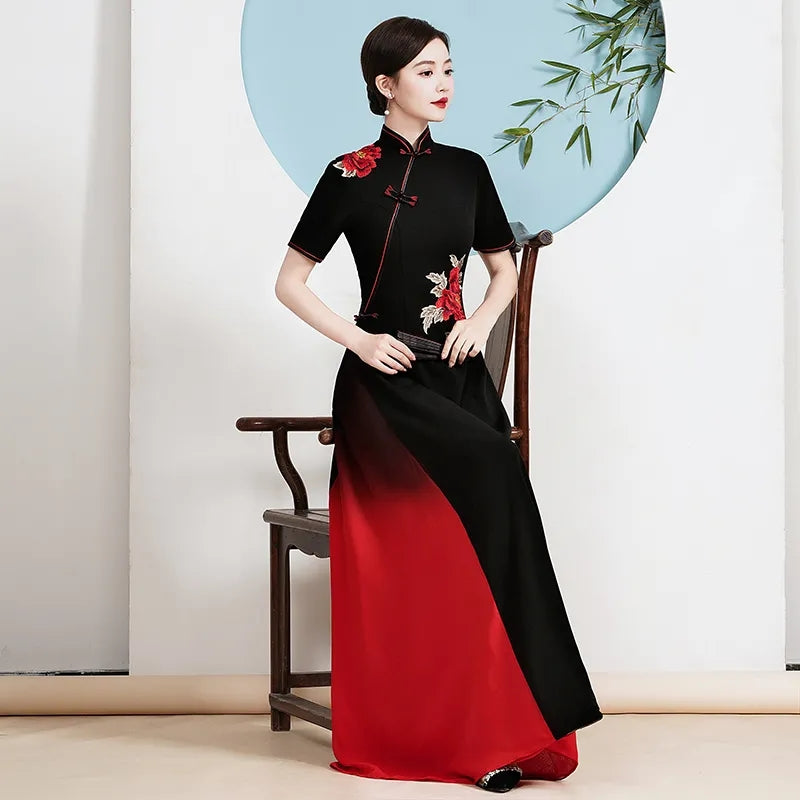 2024 Ao Dai Cheongsam Folk Style Vietnam Chiffon Aodai Elegant Women Flower Emb image 6